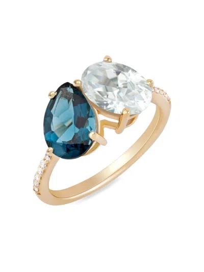 Saks Fifth Avenue Women's 14k Yellow Gold, London Blue Topaz, White Topaz & Diamond Ring