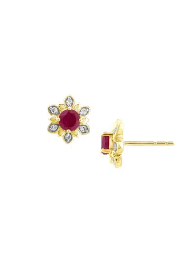 Saks Fifth Avenue Women's 14k Yellow Gold, Ruby & Diamond Floral Stud Earrings