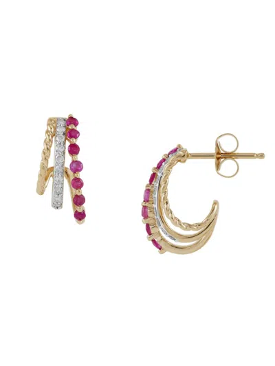 Saks Fifth Avenue Women's 14k Yellow Gold, Ruby & Diamond J Huggie Earrings