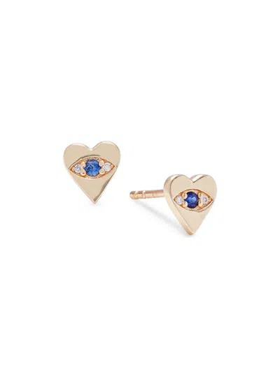 Saks Fifth Avenue Women's 14k Yellow Gold, Sapphire & Diamond Evil Eye Heart Stud Earrings