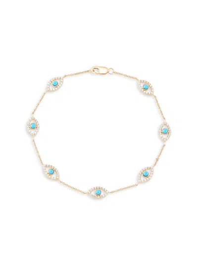 Saks Fifth Avenue Women's 14k Yellow Gold, Synthetic Turquoise & White Topaz Station Bracelet