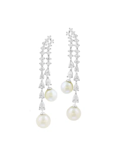 Saks Fifth Avenue Women's 18k White Gold, 2.09 Tcw Lab-grown Diamond & Freshwater Pearl Drop Earrings