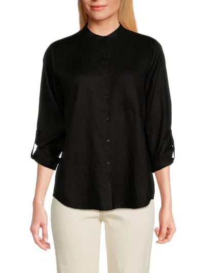 Saks Fifth Avenue Women's Band Collar 100% Linen Shirt In Black