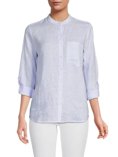 Saks Fifth Avenue Women's Band Collar 100% Linen Shirt In Blue White