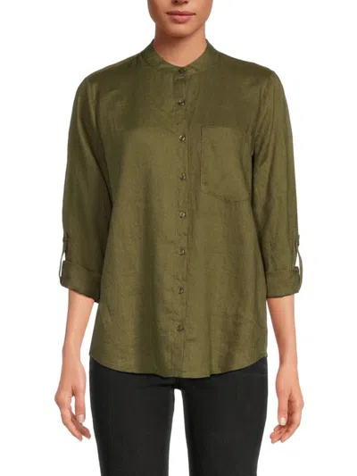 Saks Fifth Avenue Women's Band Collar 100% Linen Shirt In Olive