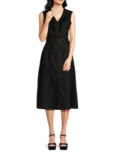 Saks Fifth Avenue Women's Belted Ruffle Trim 100% Linen Midi Dress In Black