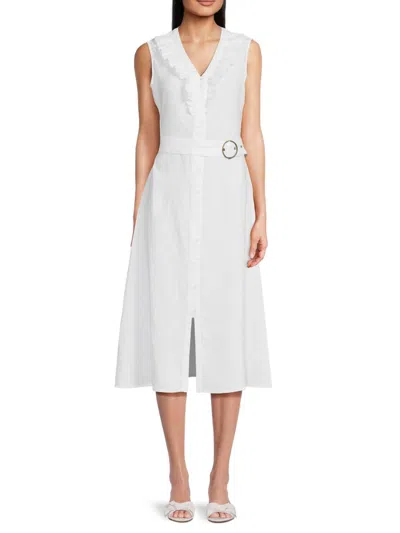 Saks Fifth Avenue Women's Belted Ruffle Trim 100% Linen Midi Dress In White