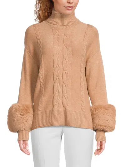 Saks Fifth Avenue Women's Cable-knit Faux Fur Trim Sweater In New Camel