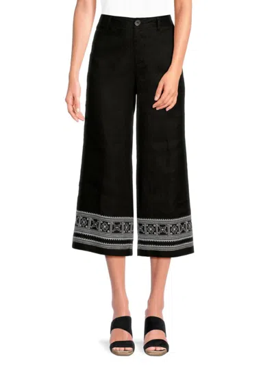 Saks Fifth Avenue Women's Embroidered 100% Linen Cropped Pants In Black