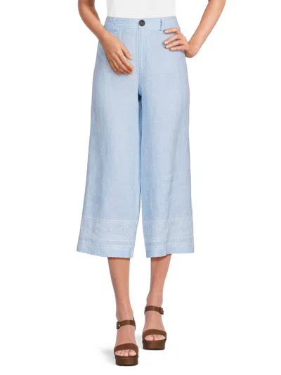 Saks Fifth Avenue Women's Embroidered 100% Linen Cropped Pants In Chambray
