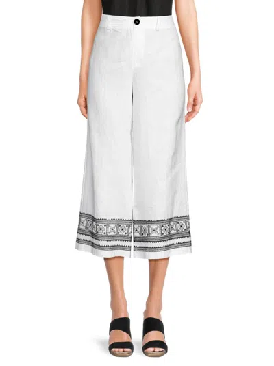 Saks Fifth Avenue Women's Embroidered 100% Linen Cropped Pants In White