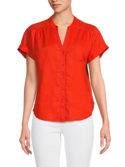 Saks Fifth Avenue Women's Eyelet 100% Linen Shirt In Tangerine