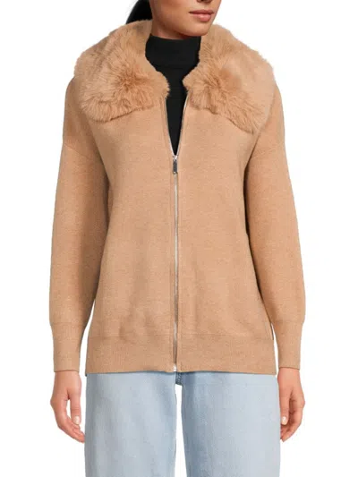 Saks Fifth Avenue Women's Faux Fur Collar Cardigan In New Camel