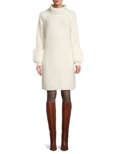 Saks Fifth Avenue Women's Faux Fur-cuff Mini Sweater Dress In Cream