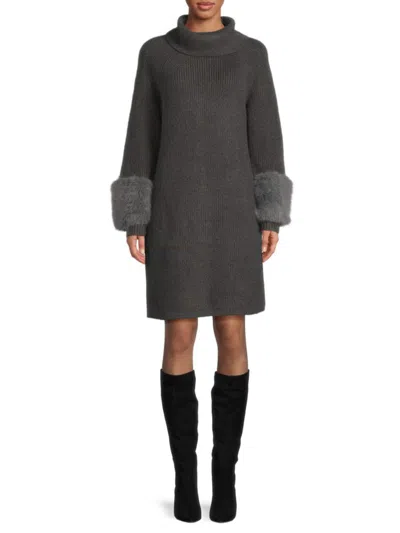Saks Fifth Avenue Women's Faux Fur-cuff Mini Sweater Dress In Pewter