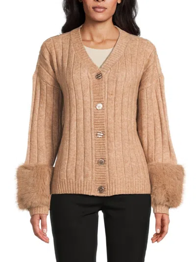 Saks Fifth Avenue Women's Faux Fur Cuff Rib Knit Cardigan In Hazelnut