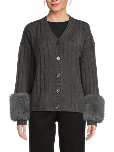 Saks Fifth Avenue Women's Faux Fur Cuff Rib Knit Cardigan In Pewter
