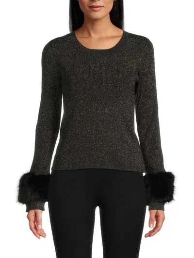 Saks Fifth Avenue Women's Faux Fur Cuff Sparkly Knit Top In Black