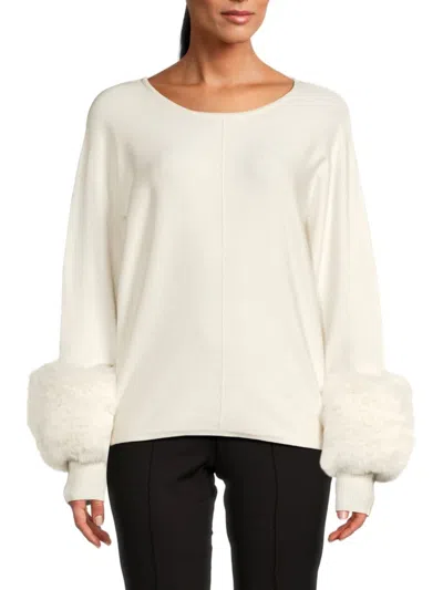 Saks Fifth Avenue Women's Faux Fur Cuff Sweater In Frost White