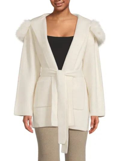 Saks Fifth Avenue Women's Faux-fur Hooded Wrap Cardigan In Cream