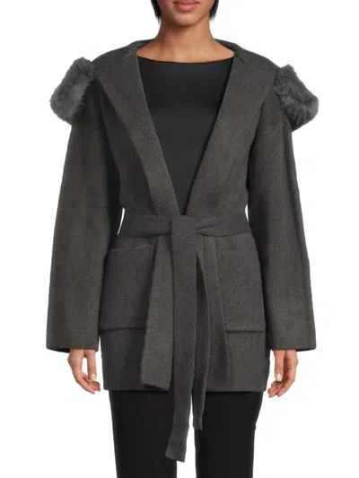 Saks Fifth Avenue Women's Faux-fur Hooded Wrap Cardigan In Pewter