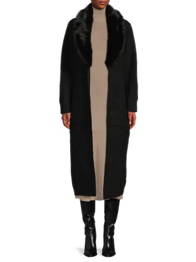 Saks Fifth Avenue Women's Faux Fur Longline Ribbed Cardigan In Black