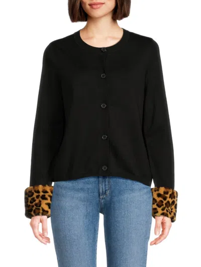 Saks Fifth Avenue Women's Faux Fur Trim Cardigan In Black Leopard