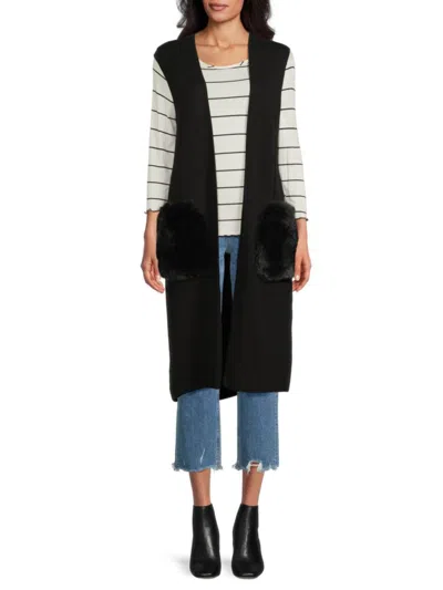 Saks Fifth Avenue Women's Faux Fur Trim Open Front Cardigan In Black