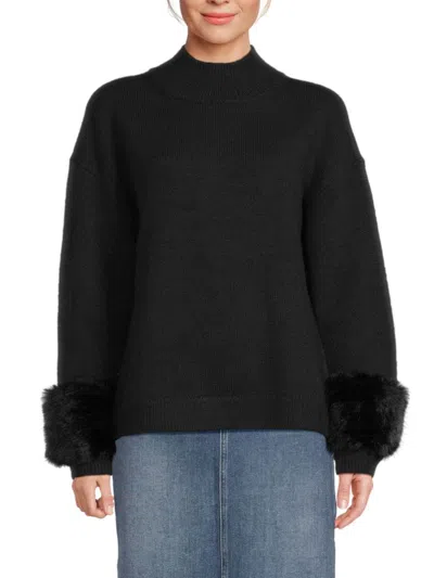 Saks Fifth Avenue Women's Faux-fur-trim Sweater In Black