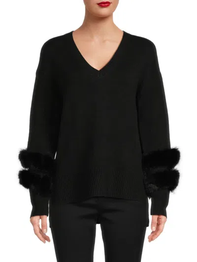 Saks Fifth Avenue Women's Faux Fur Trim Sweater In Black