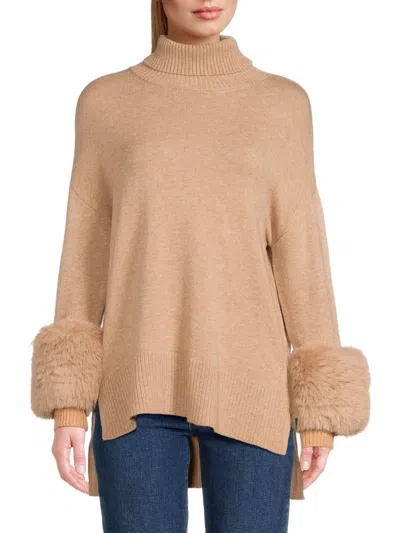 Saks Fifth Avenue Women's Faux Fur Trim Turtleneck Sweater In New Camel