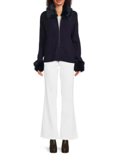 Saks Fifth Avenue Women's Faux-fur-trim Zip-up Cardigan In Blue