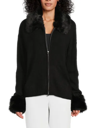 Saks Fifth Avenue Women's Faux-fur-trim Zip-up Cardigan In Black