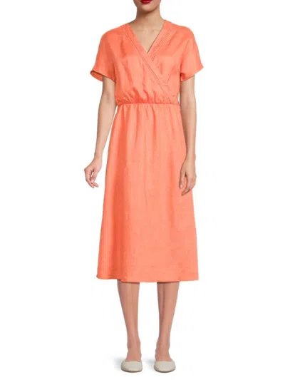 Saks Fifth Avenue Women's 100% Linen Faux-wrap Embroidered Midi-dress In Grapefruit