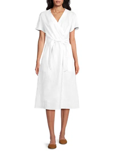 Saks Fifth Avenue Women's 100% Linen Faux-wrap Embroidered Midi-dress In White