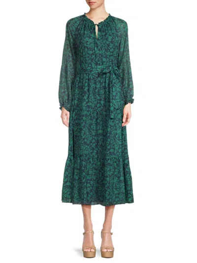 Saks Fifth Avenue Women's Floral Belted Midaxi Dress In Green Navy