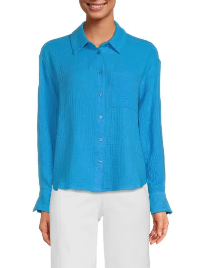 Saks Fifth Avenue Women's Gauze Long Sleeve Button Down Shirt In Azure Blue