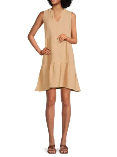 Saks Fifth Avenue Women's Gauze Split V-neck Mini Dress In Tan