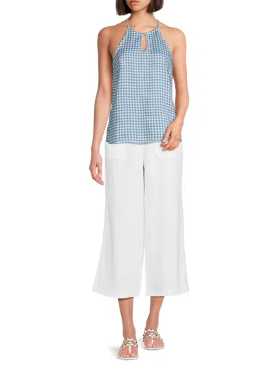Saks Fifth Avenue Women's Gingham 100% Linen Keyhole Top In Blue