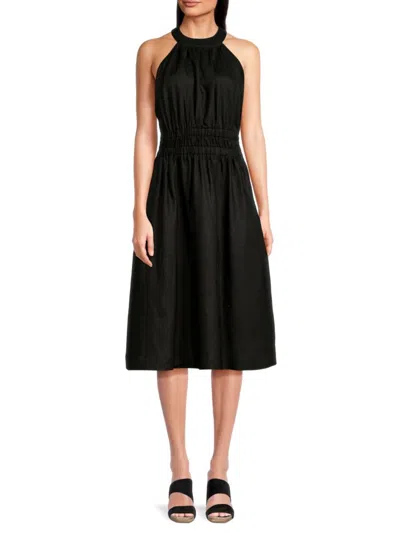 Saks Fifth Avenue Women's Jewelneck 100% Linen Midi Dress In Black