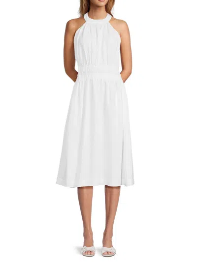 Saks Fifth Avenue Women's Jewelneck 100% Linen Midi Dress In White