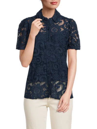 Saks Fifth Avenue Women's Lace Button Up Top In Marine