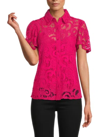 Saks Fifth Avenue Women's Lace Button Up Top In Raspberry