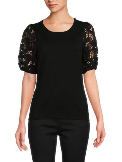 Saks Fifth Avenue Women's Lace Trim Sleeve Knit Top In Black