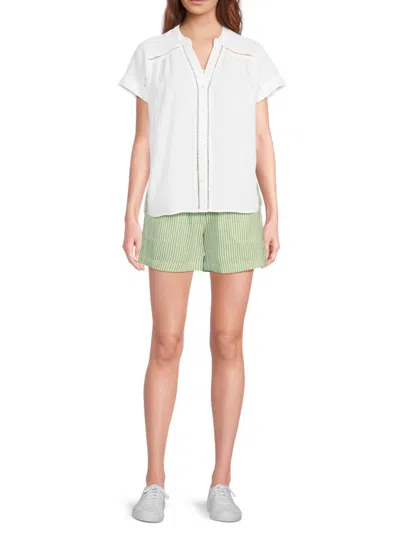 Saks Fifth Avenue Women's Ladderwork Trim 100% Linen Top