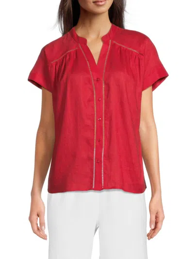 Saks Fifth Avenue Women's Ladderwork Trim 100% Linen Top