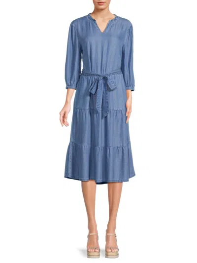 Saks Fifth Avenue Women's Notch Collar Belted Midi Dress In Medium Indigo