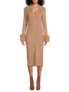 Saks Fifth Avenue Women's Ribbed Faux Fur Trim Midi-sweater Dress In Brown