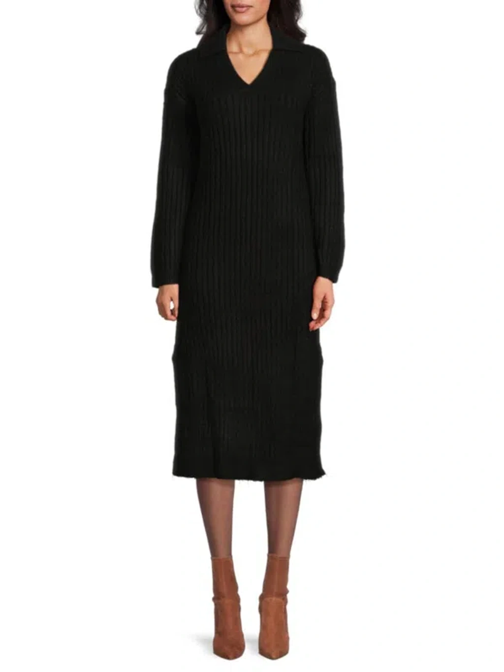 knee length dresses for ladies Women Solid Black Scoop Neck Acrylic Thigh-High Slit Straight Hem Knitted Midi  Sweater Dress