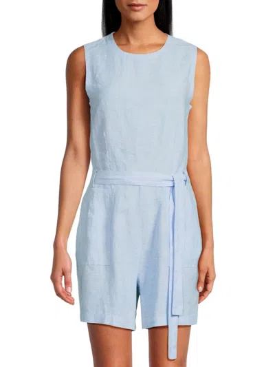 Saks Fifth Avenue Women's Roundneck Belted 100% Linen Romper In Chambray